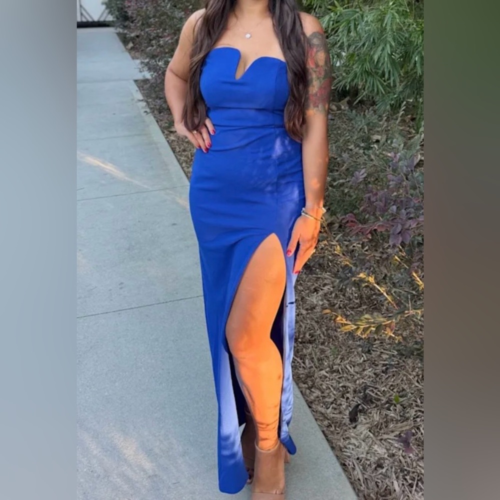 NWT RARE Lulus Iconic Excellence Cobalt Blue Asymmetrical Strapless Maxi Dress